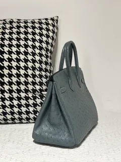 Ostrich Leather Denim Blue 25cm Gold Hardware Top Handle Tote Bag WOB009 image 4