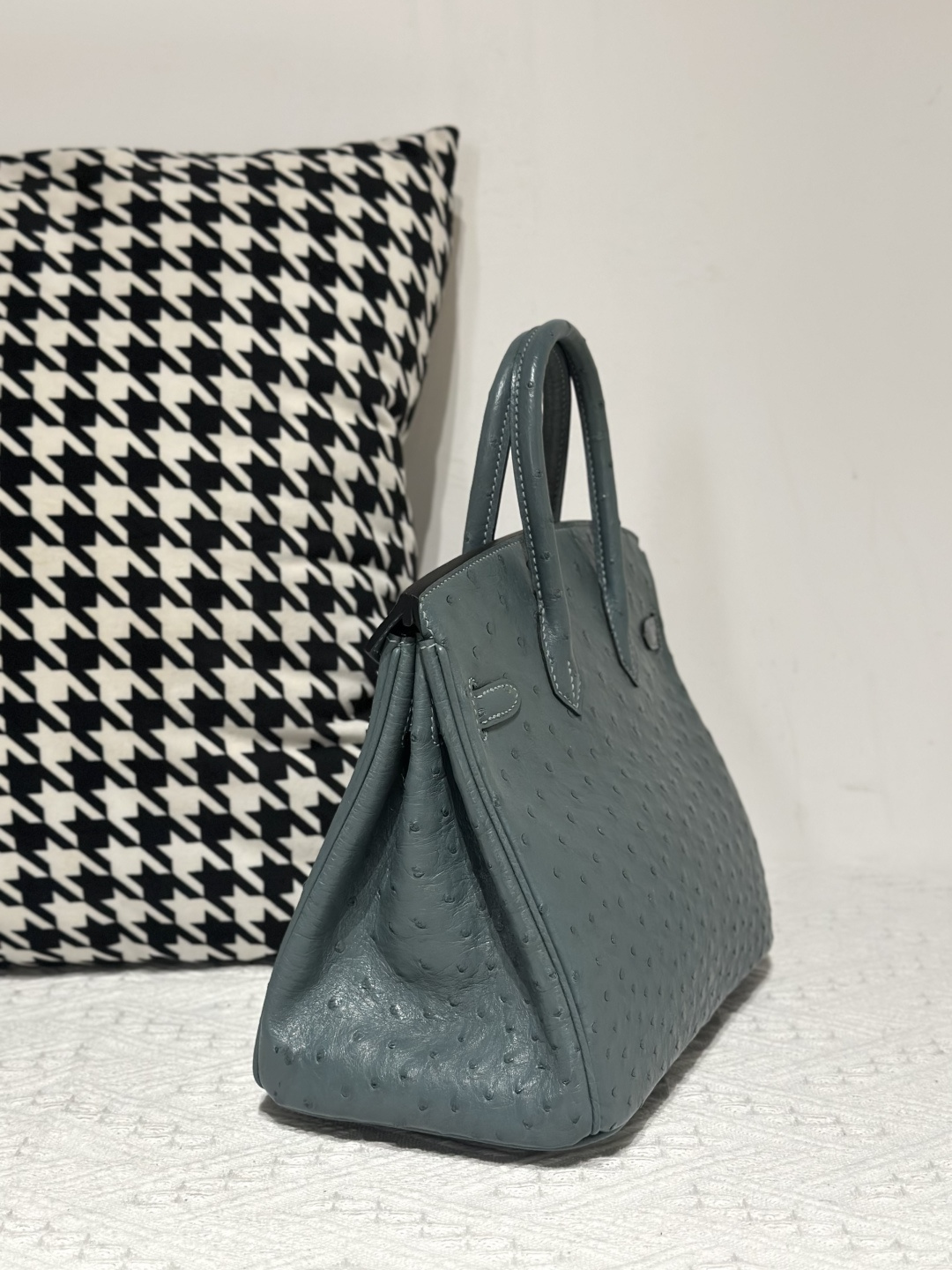 Ostrich Leather Denim Blue 25cm Gold Hardware Top Handle Tote Bag WOB009 photo 4