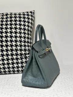 Ostrich Leather Denim Blue 25cm Gold Hardware Top Handle Tote Bag WOB009 image 5