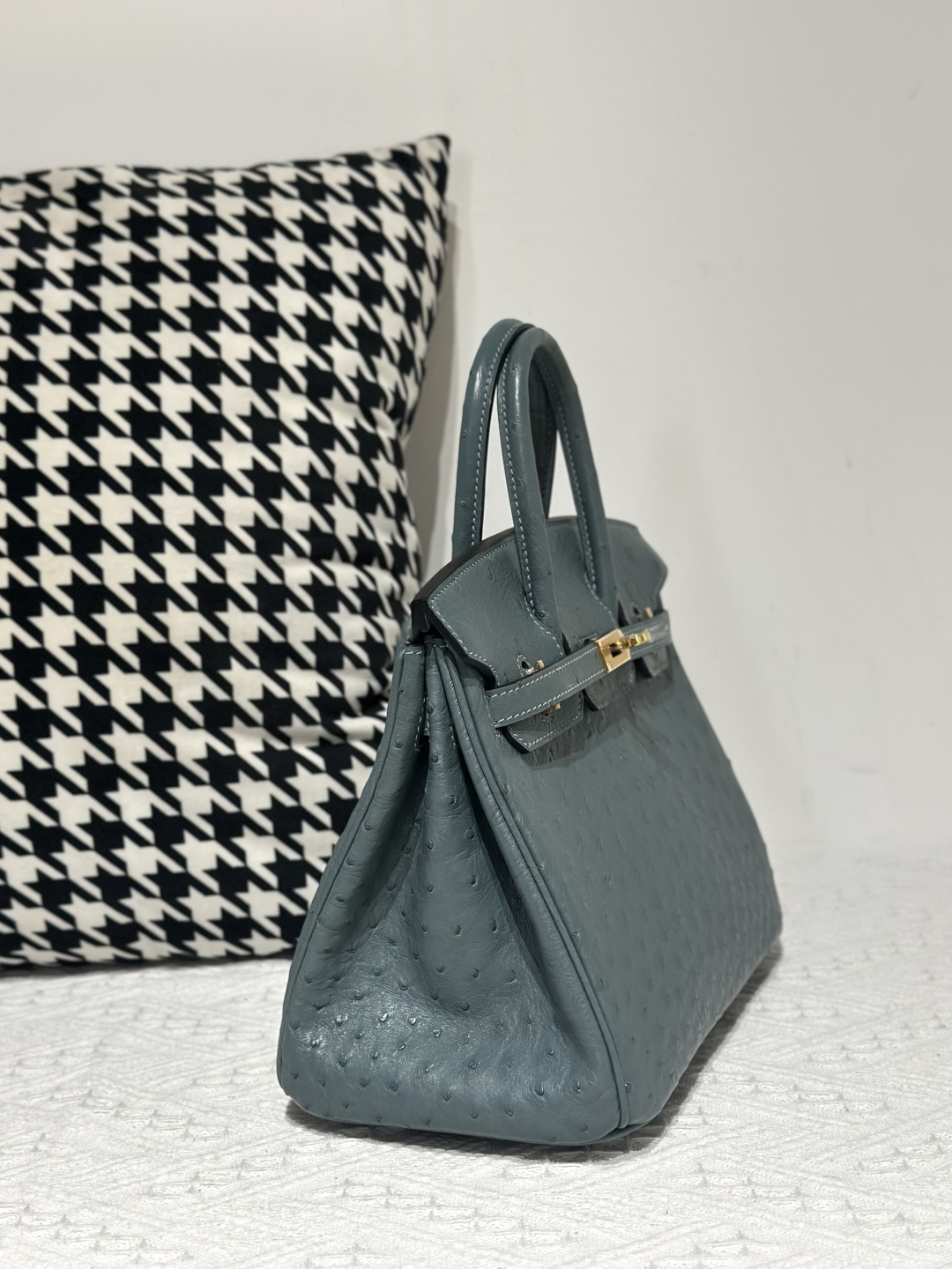 Ostrich Leather Denim Blue 25cm Gold Hardware Top Handle Tote Bag WOB009 photo 5