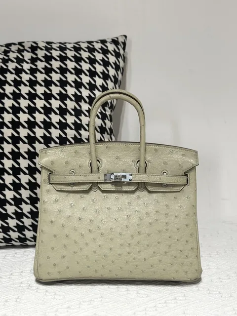 Ostrich Leather Sage Green 25cm Silver Hardware Top Handle Tote Bag WOB010