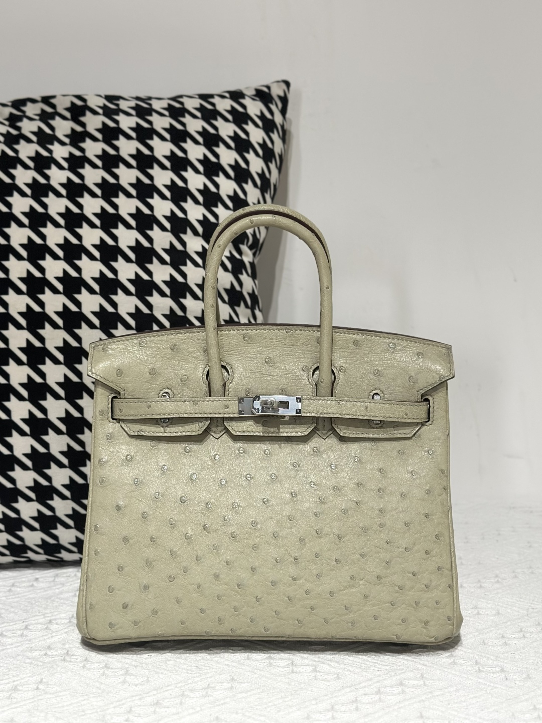 Ostrich Leather Sage Green 25cm Silver Hardware Top Handle Tote Bag WOB010