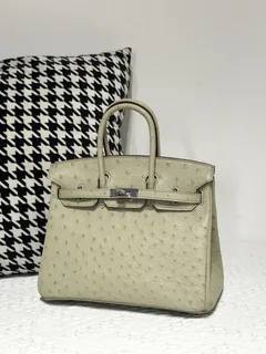 Ostrich Leather Sage Green 25cm Silver Hardware Top Handle Tote Bag WOB010 image 2