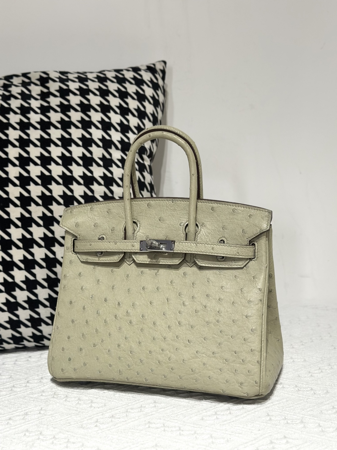 Ostrich Leather Sage Green 25cm Silver Hardware Top Handle Tote Bag WOB010 photo 2