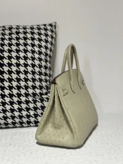 Ostrich Leather Sage Green 25cm Silver Hardware Top Handle Tote Bag WOB010 image 4