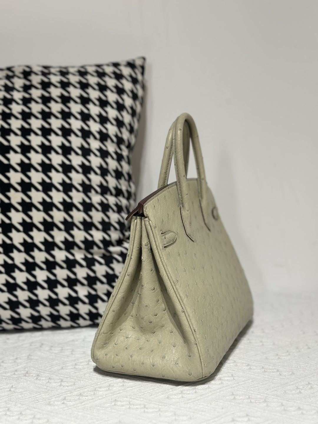 Ostrich Leather Sage Green 25cm Silver Hardware Top Handle Tote Bag WOB010 photo 4