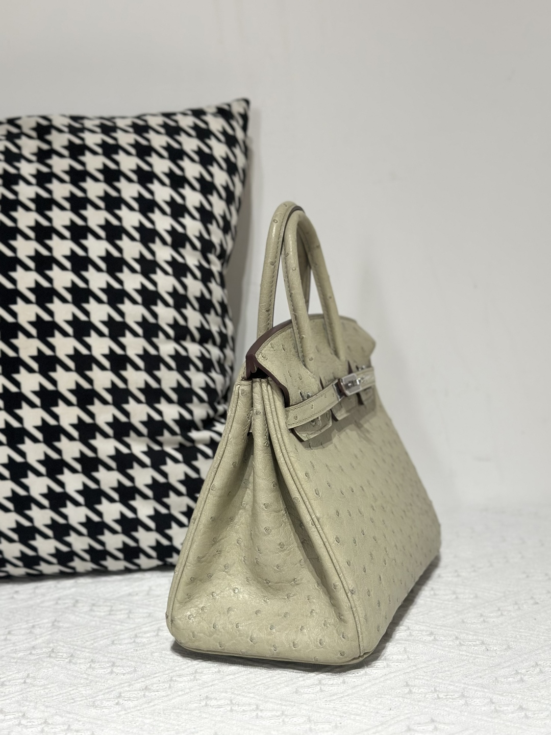 Ostrich Leather Sage Green 25cm Silver Hardware Top Handle Tote Bag WOB010 photo 5