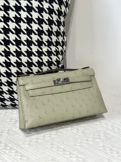 Ostrich Leather Sage Green Silver Hardware Series I Flap Shoulder Bag WOB011 image 1
