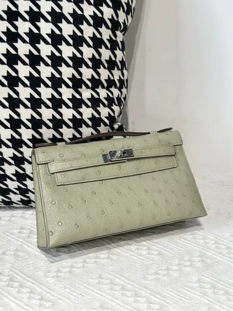 Ostrich Leather Sage Green Silver Hardware Series I Flap Shoulder Bag WOB011