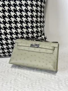 Ostrich Leather Sage Green Silver Hardware Series I Flap Shoulder Bag WOB011 image 2