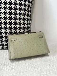 Ostrich Leather Sage Green Silver Hardware Series I Flap Shoulder Bag WOB011 image 3