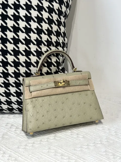 Ostrich Leather Sage Green Gold Hardware Series II Top Handle Bag WOB012