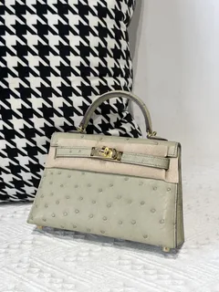 Ostrich Leather Sage Green Gold Hardware Series II Top Handle Bag WOB012 image 2