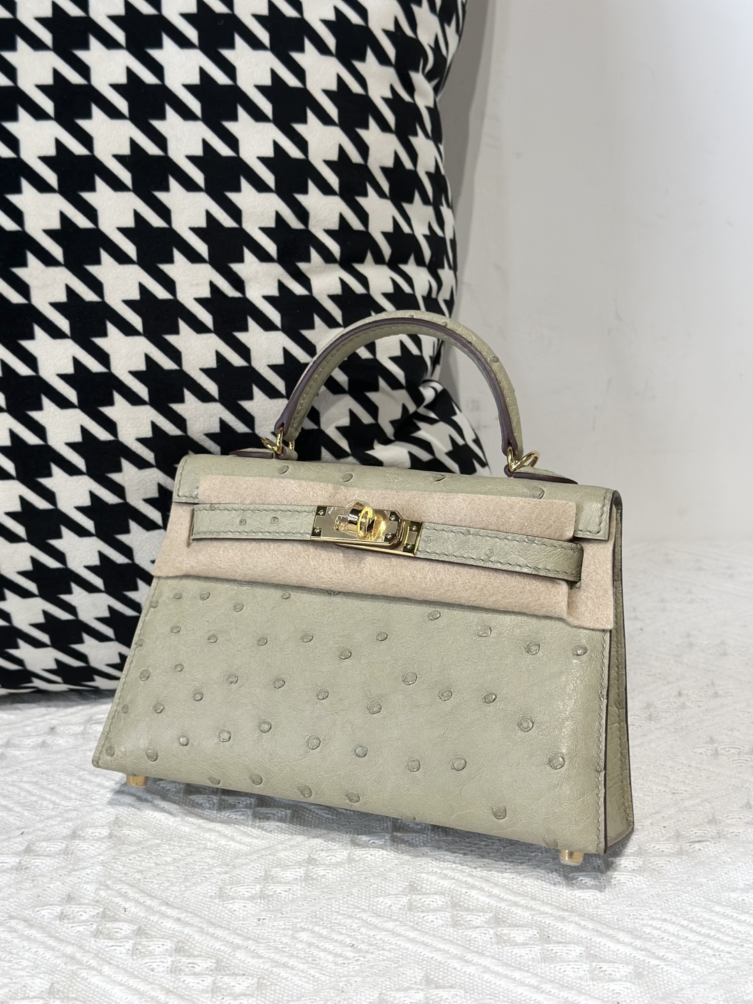 Ostrich Leather Sage Green Gold Hardware Series II Top Handle Bag WOB012 photo 2