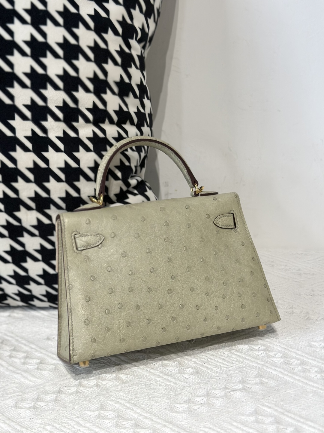 Ostrich Leather Sage Green Gold Hardware Series II Top Handle Bag WOB012 photo 3