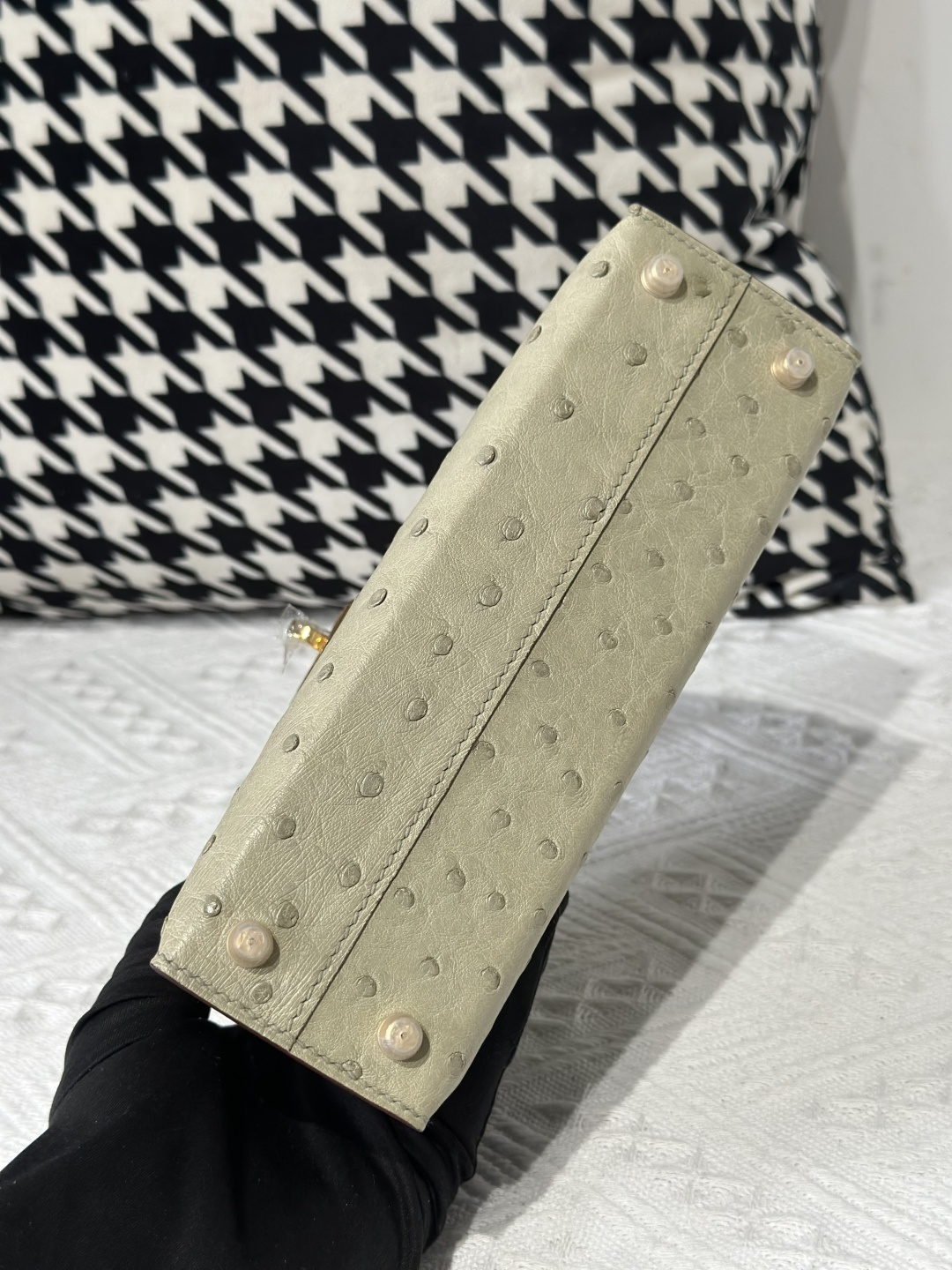 Ostrich Leather Sage Green Gold Hardware Series II Top Handle Bag WOB012 photo 6
