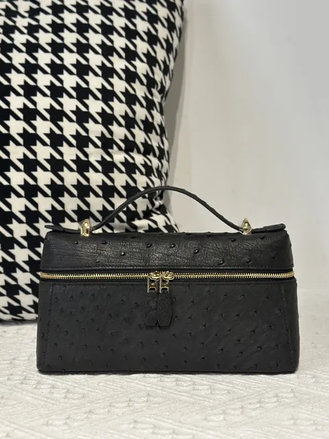 Ostrich Leather Black Gold Hardware Top Handle Bag WOB013