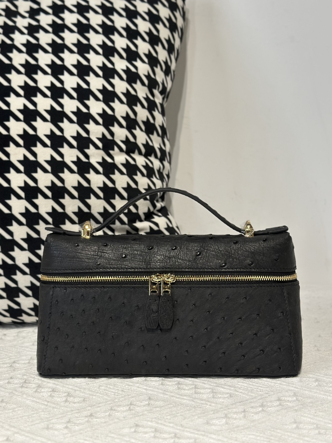 Ostrich Leather Black Gold Hardware Top Handle Bag WOB013