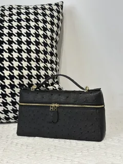 Ostrich Leather Black Gold Hardware Top Handle Bag WOB013 image 2