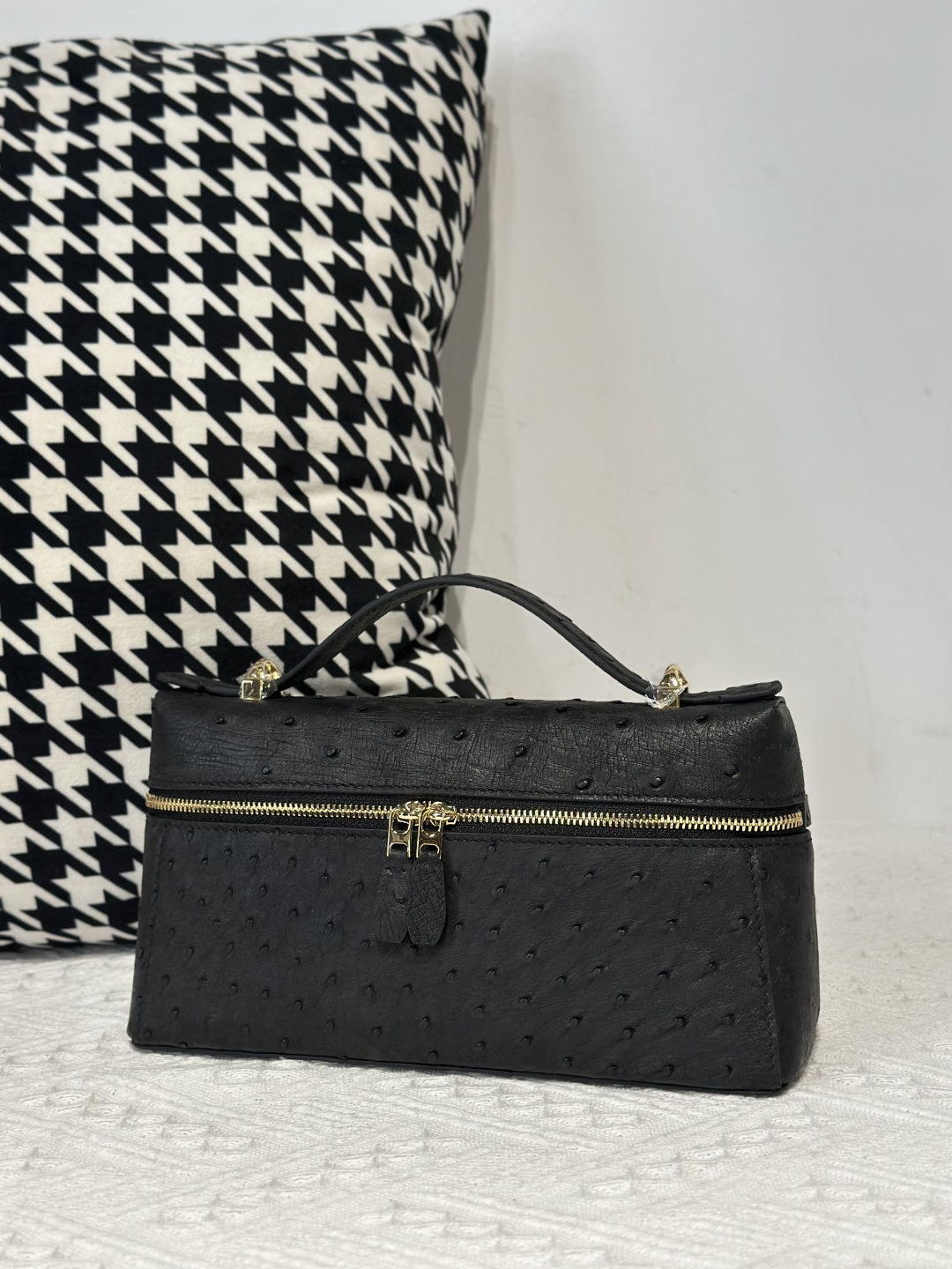 Ostrich Leather Black Gold Hardware Top Handle Bag WOB013 image 2