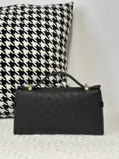 Ostrich Leather Black Gold Hardware Top Handle Bag WOB013 image 3