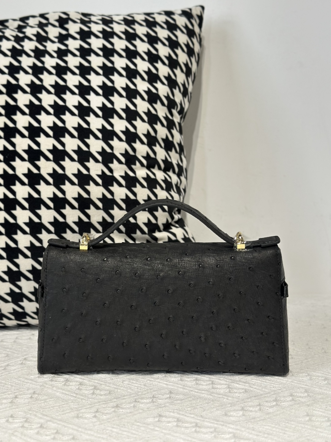 Ostrich Leather Black Gold Hardware Top Handle Bag WOB013 image 3