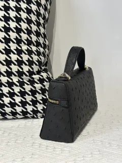 Ostrich Leather Black Gold Hardware Top Handle Bag WOB013 image 4