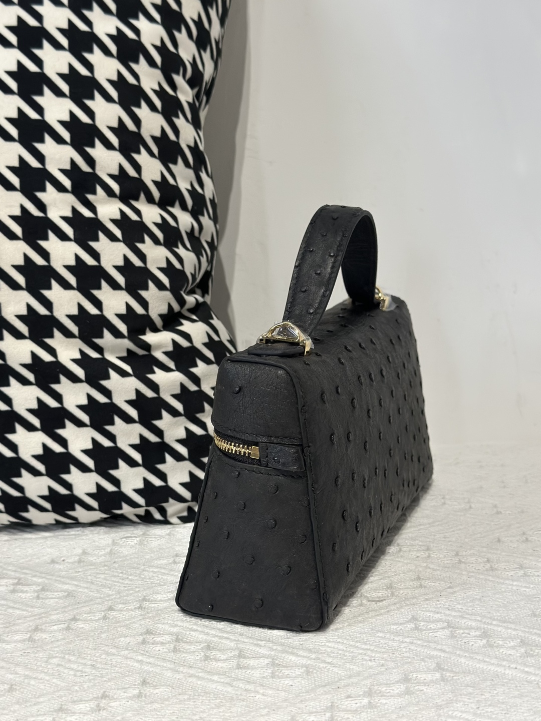 Ostrich Leather Black Gold Hardware Top Handle Bag WOB013 image 4