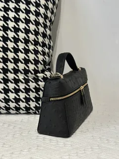 Ostrich Leather Black Gold Hardware Top Handle Bag WOB013 image 5