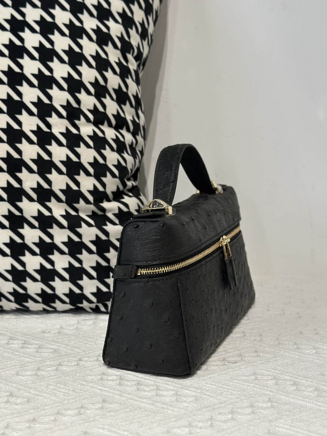 Ostrich Leather Black Gold Hardware Top Handle Bag WOB013 image 5