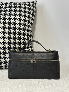 Ostrich Leather Black Gold Hardware Top Handle Bag WOB014 image 1