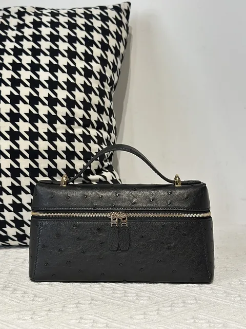 Ostrich Leather Black Gold Hardware Top Handle Bag WOB014