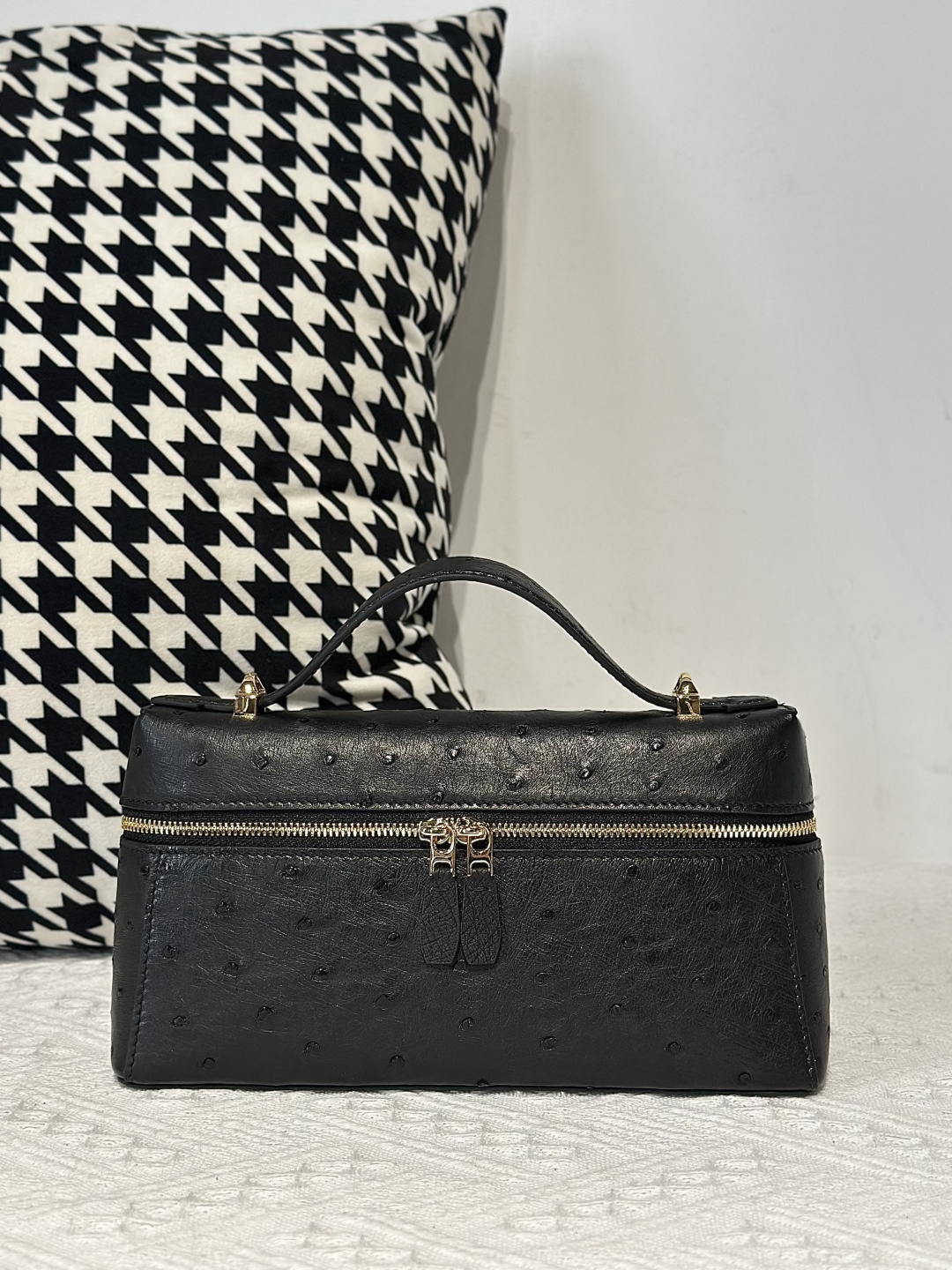 Ostrich Leather Black Gold Hardware Top Handle Bag WOB014