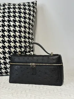 Ostrich Leather Black Gold Hardware Top Handle Bag WOB014 image 2