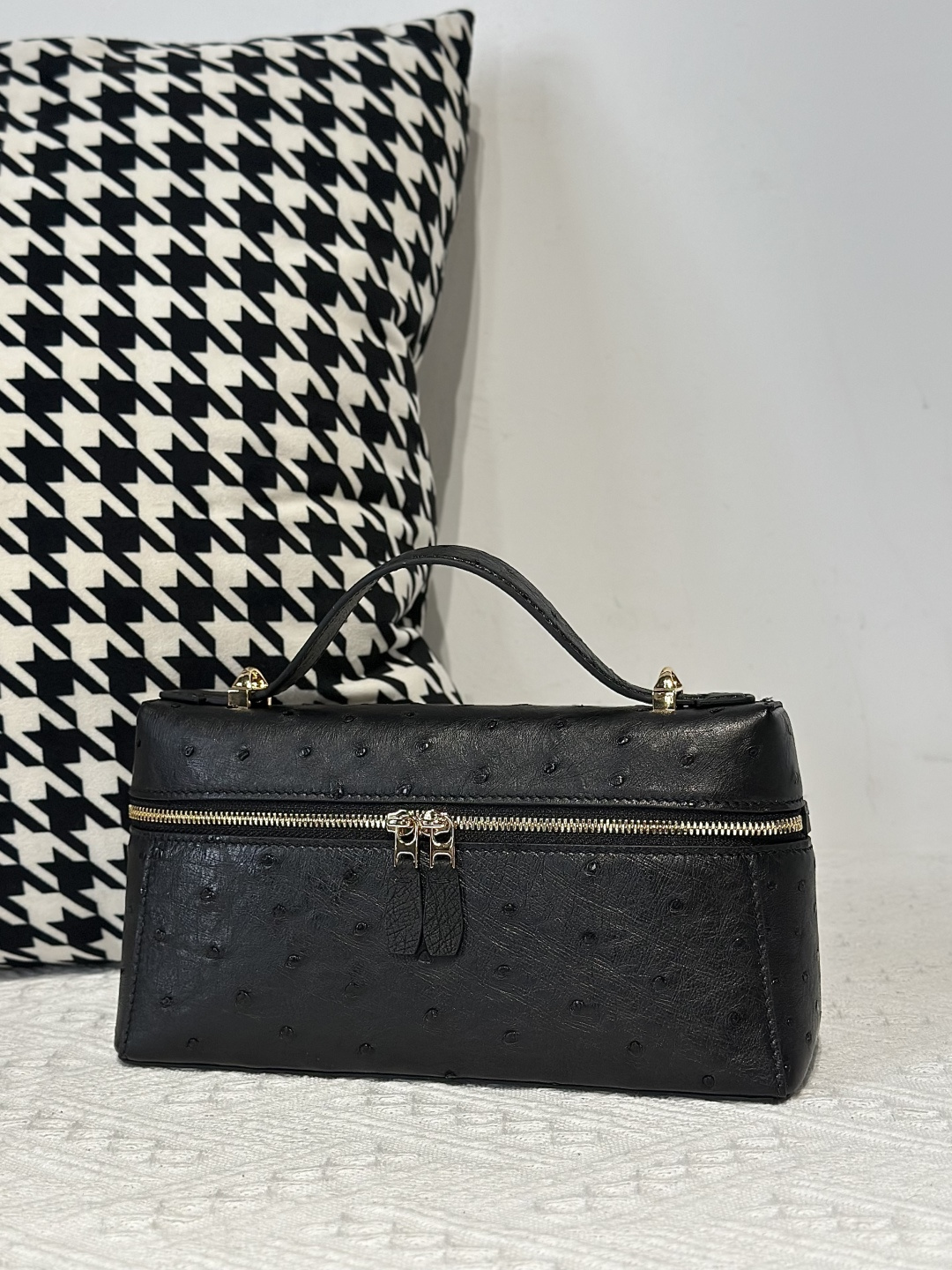 Ostrich Leather Black Gold Hardware Top Handle Bag WOB014 image 2