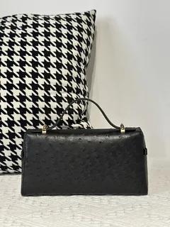 Ostrich Leather Black Gold Hardware Top Handle Bag WOB014 image 3