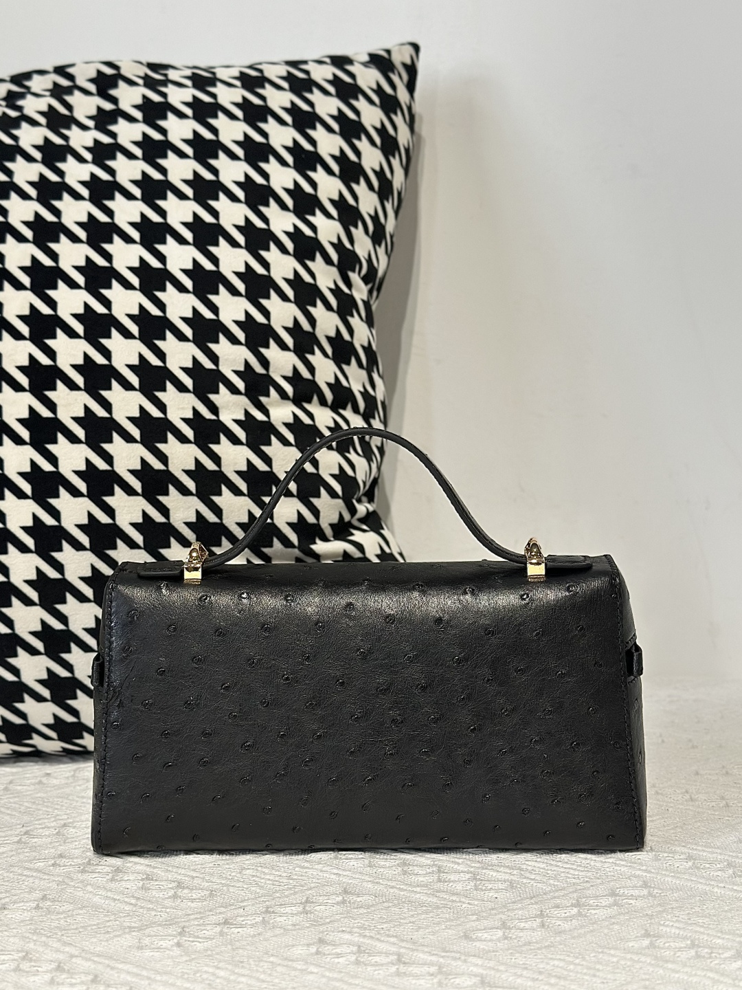 Ostrich Leather Black Gold Hardware Top Handle Bag WOB014 image 3