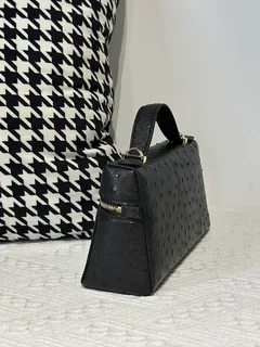 Ostrich Leather Black Gold Hardware Top Handle Bag WOB014 image 4