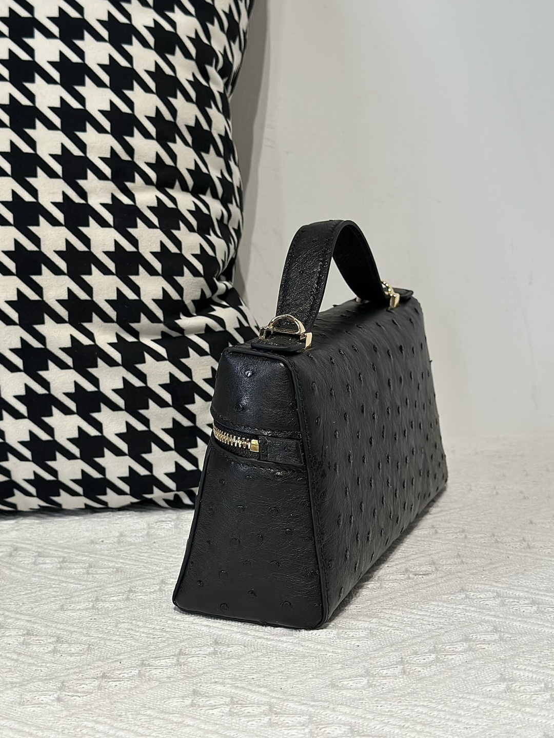 Ostrich Leather Black Gold Hardware Top Handle Bag WOB014 image 4