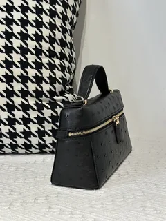 Ostrich Leather Black Gold Hardware Top Handle Bag WOB014 image 5