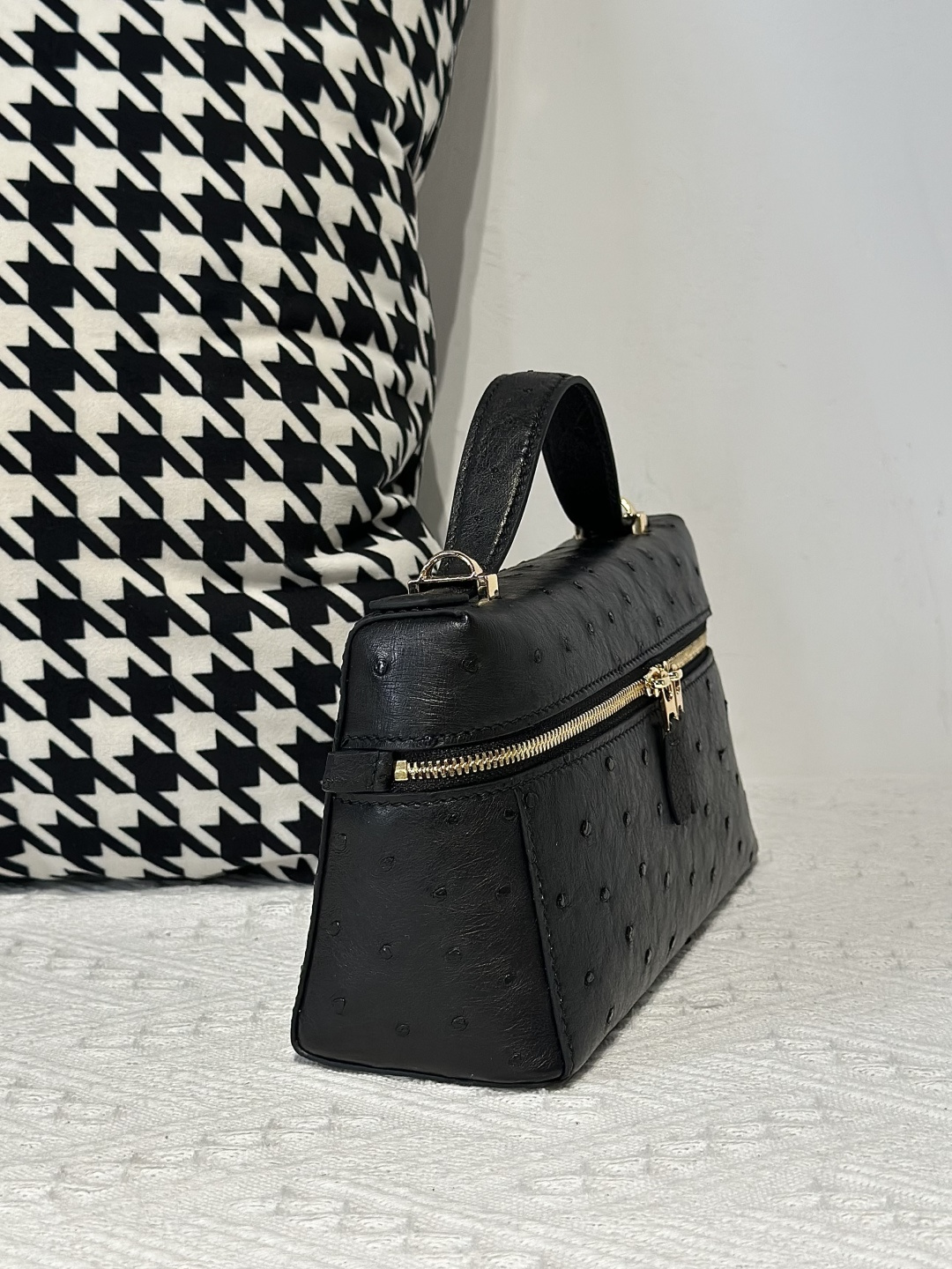 Ostrich Leather Black Gold Hardware Top Handle Bag WOB014 image 5
