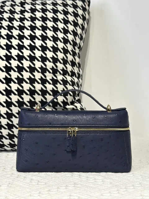 Ostrich Leather Royal Blue Gold Hardware Top Handle Bag WOB015
