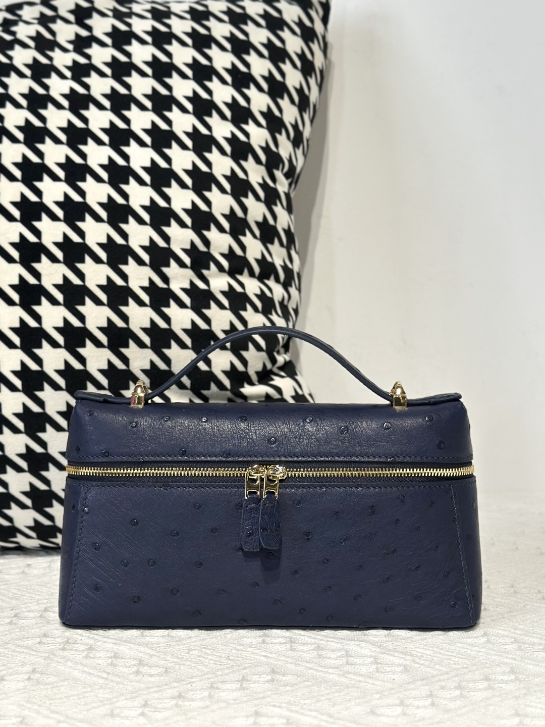 Ostrich Leather Royal Blue Gold Hardware Top Handle Bag WOB015