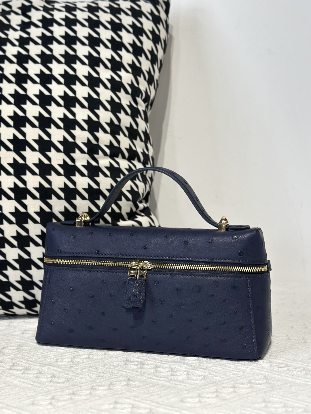 Ostrich Leather Royal Blue Gold Hardware Top Handle Bag WOB015 image 2