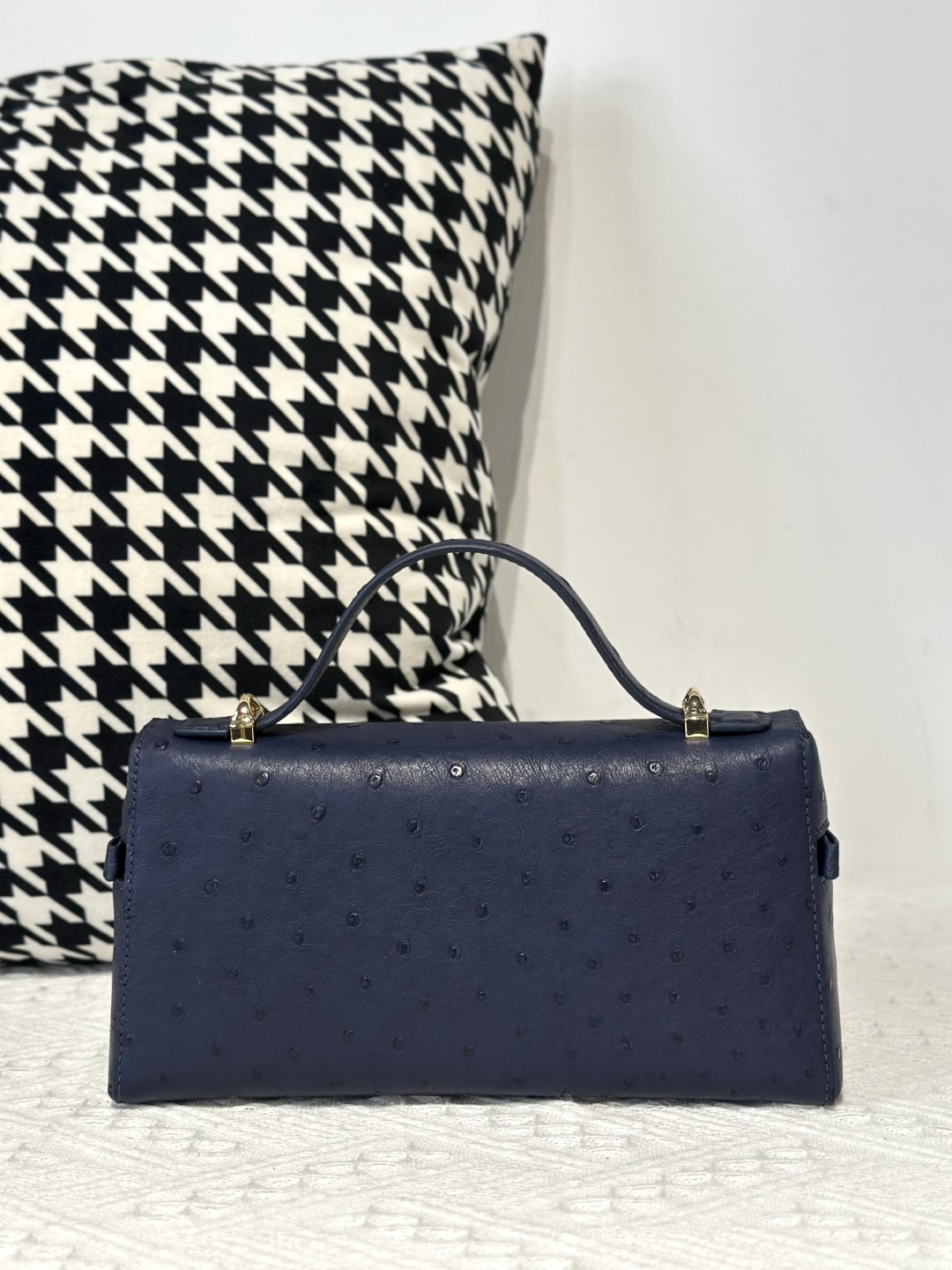 Ostrich Leather Royal Blue Gold Hardware Top Handle Bag WOB015 image 3
