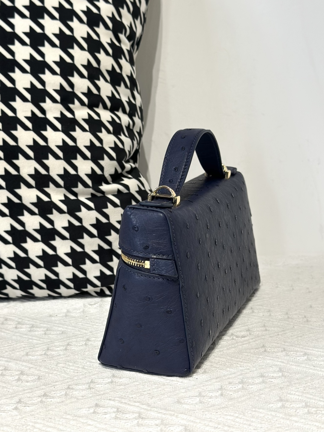 Ostrich Leather Royal Blue Gold Hardware Top Handle Bag WOB015 image 4