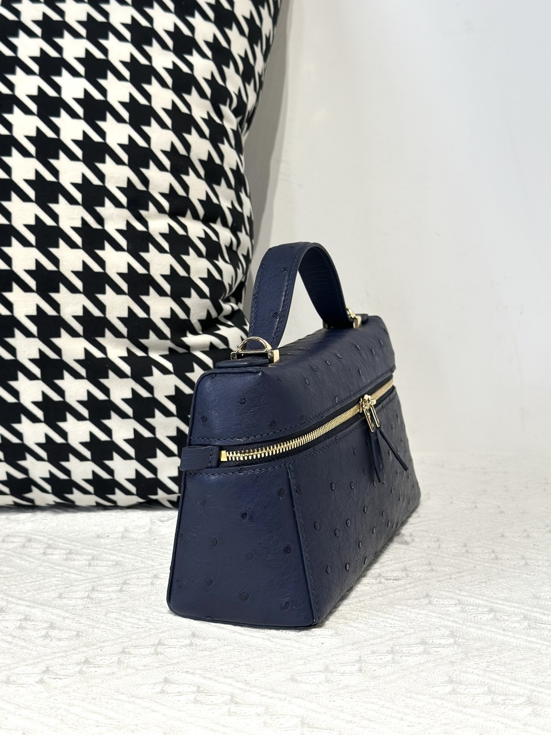 Ostrich Leather Royal Blue Gold Hardware Top Handle Bag WOB015 image 5