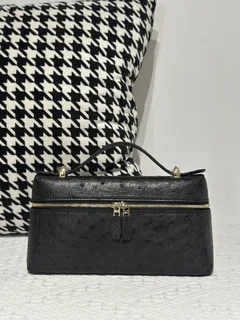 Ostrich Leather Black Gold Hardware Top Handle Bag WOB016 image 1