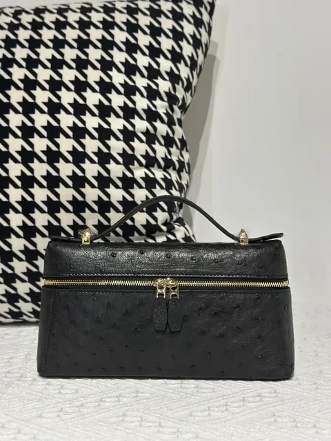 Ostrich Leather Black Gold Hardware Top Handle Bag WOB016