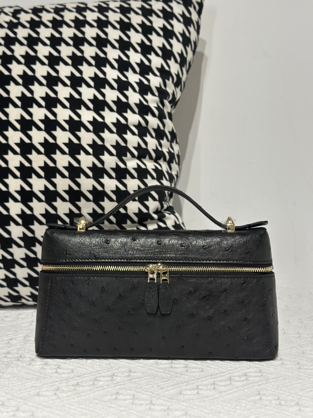 Ostrich Leather Black Gold Hardware Top Handle Bag WOB016